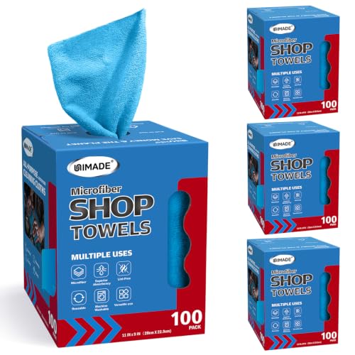 Image of UNIMADE Shop Rags, 4 Boxes - 400 Sheets Microfiber Cleaning Cloth | Commercial Grade Washcloths Lint-Free Bulk Shops Towels for Cars Mechanic Restaurant Garage Housekeeping, 11 inchx 9 inch, Blue