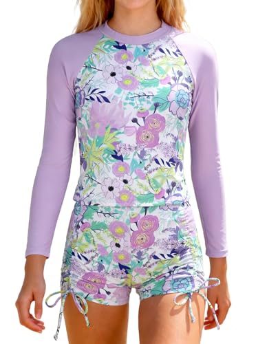 Image of Girls Swimsuit Long Sleeve Rash Guard Bathing Suit Two Piece Swimwear Swimming Tops and Ruched Shorts 4-13t