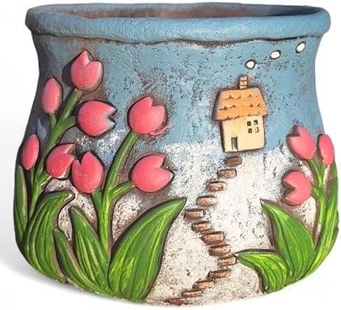 Tulip House Planter - Decorative Hand-Painted Concrete Planter - ...