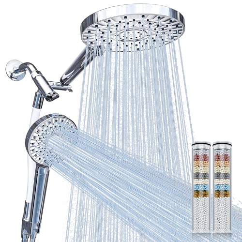 Image of Magichome Filtered Shower Head Handheld Mother-Child Large Arm Combo, High Pressure 10-Spd Detachable Chrome Showerhead w /Stainless Hose, Water Softener Beads Hard Water - Remove Chlorine, Sliver
