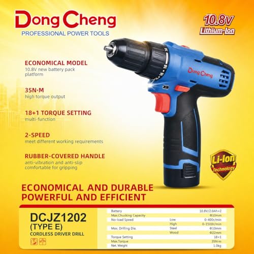 Image of DongCheng DCJZ1202E Cordless Drill Driver, 10mm, 12V Li-Ion Battery Drill Machine with 2 x 2.0Ah Batteries, 35Nm Torque, 2-Speed for Drilling & Screw Driving
