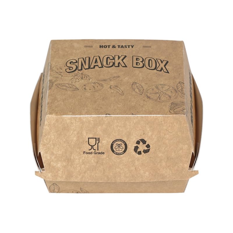 Pack2Eat Biodegradable Disposable Snack Boxes | Medium Size Eco-Friendly Paper Food Containers | Leak-Proof & Grease-Resistant Lockable Boxes for Burgers, Fries & Snacks | Pack of 50