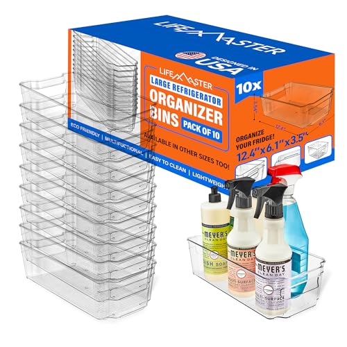 Image of 10-Piece Stackable Refrigerator Bin Organizer Set with Easy Grip Handles - Clear Multi-Purpose Storage Bins for Fridge and Pantry Use