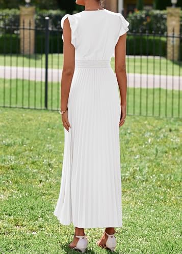 Image of KIRUNDO Women's Summer Maxi Dresses Elegant V Neck Ruffle Flutter Sleeves Empire Waist Pleated Flowy Wedding Guest Dress