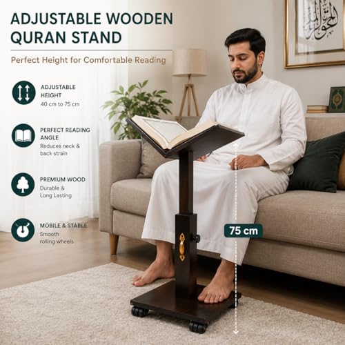 Image of Adjustable Wooden Quran Stand with Wheels | Premium Rehal for Quran Reading | Height Adjustable Book Holder for Namaz, Islamic Study & Prayer