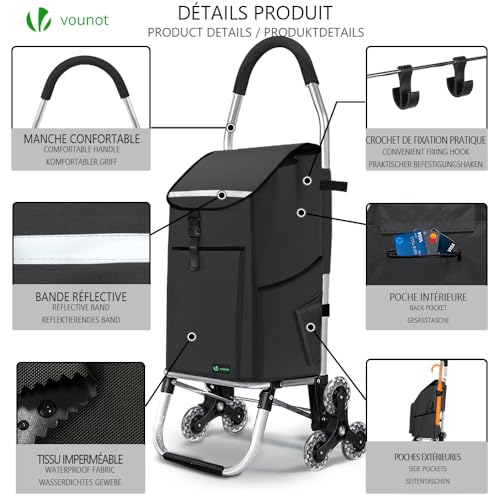 VOUNOT® Aluminium Einkaufstrolley Treppensteiger, 3 in 1 Trolly Einkaufswagen Klappbar, Hackenporsche mit Kühlfach und Haken, 6 Rädern & großer Kapazität, Wasserdicht, Schwarz – Bild 4
