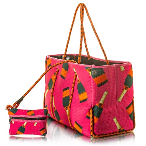 TheSocialTote Bolsa grande de neopreno con bolsa, bolsa de playa de neopreno multiusos para mujer, bolsa de neopreno, resistente al agua, Botella de champán, Large