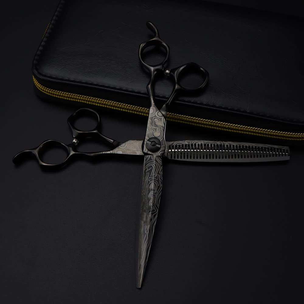 Ciseaux de coupe de cheveux 7 pouces en damas noir pour coiffeurs
