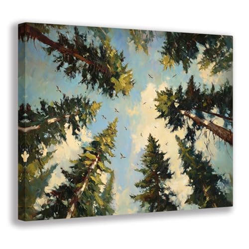 Pine Forest Wrapped Canvas Wall Art, Vintage Woodland Painting, Green