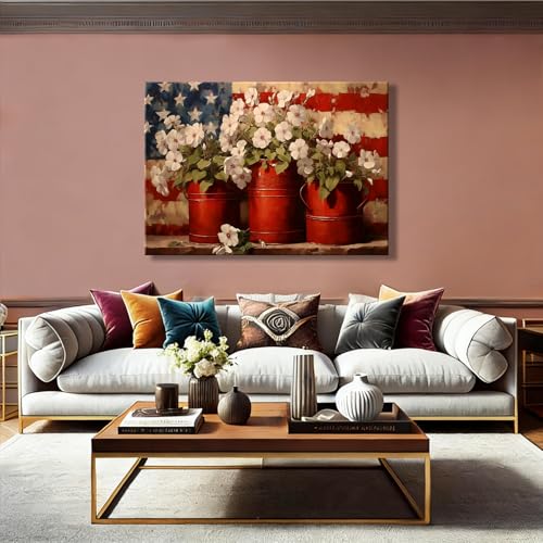 Image of Rustic 4th of July Patriotic Flower Pots Canvas Wall Art - Large Framed US Flag Poster Painting, Independence Day Wall Decor for Living Room Bedroom or Holiday Celebrations