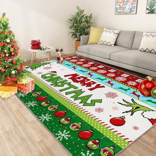 VSIWB Red Christmas Area Rug 4×6 Snowflakes Merry Christmas Xmas Ornaments Non-Slip Washable Indoor Throw Rug Winter Floor Carpet for Christmas Bedroom Living Room Kids Room Decoration