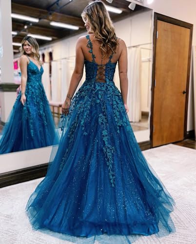 Women's Tulle Lace Appliques Sparkly Prom Dresses 2025 A Line V Neck Formal Evening Gowns2