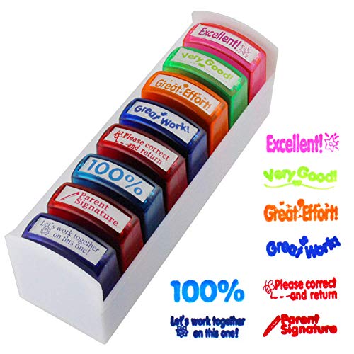 Self Inking Pre-Inked Office Stamp Set, 8 Message Account Stamp Office Stationary Stamper Business Paper Work Text File Stamps w/Tray Red\Blue\Black Ink