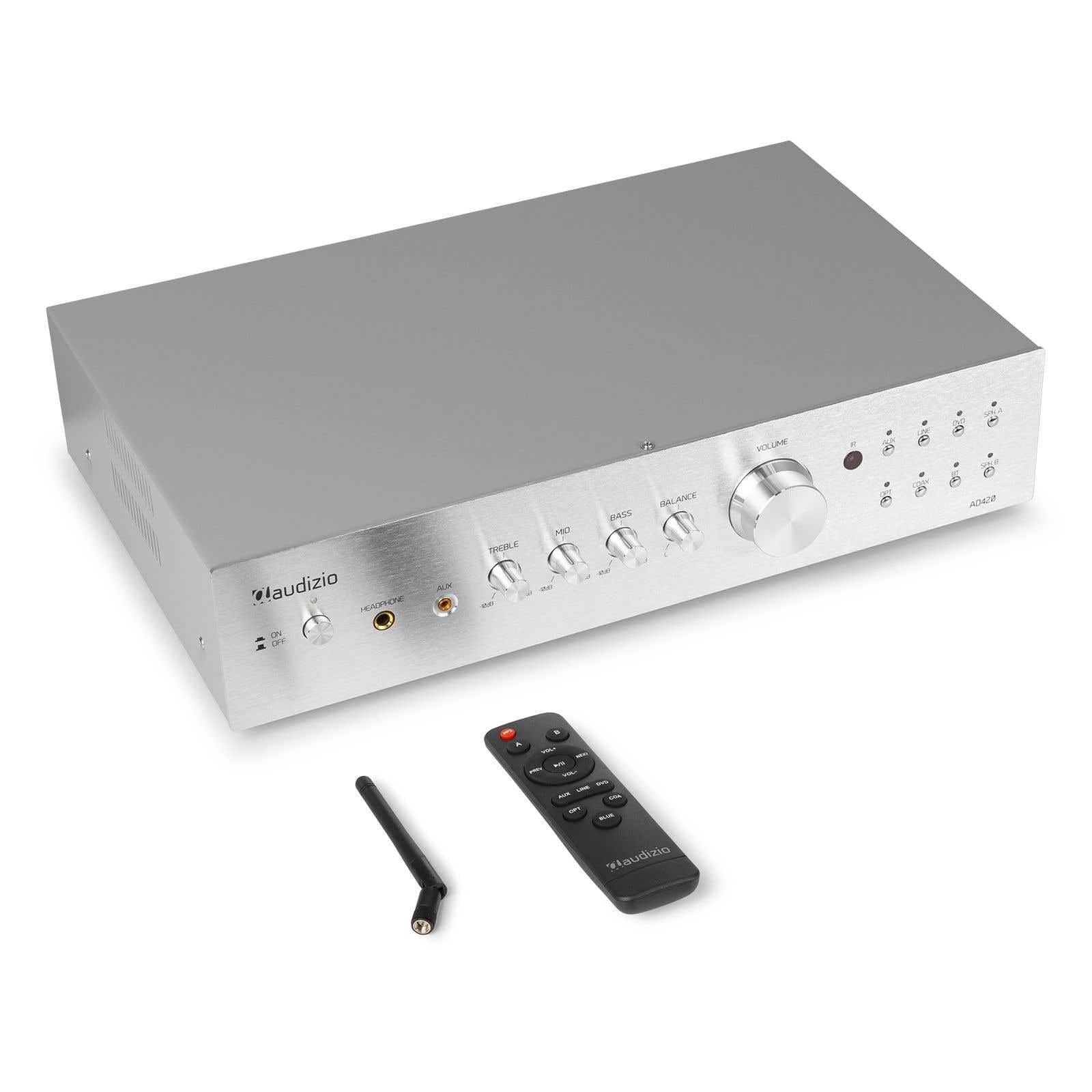 Audizio AD420A Amplificador Hi-FI de 400w (4 Canales x 100w) y Bluetooth, 1 Salida subwoofer, Salida óptica y coaxial, 2 Salidas de Altavoz, MP3, EQ, Ideal para Escuchar tu música, Color Aluminio