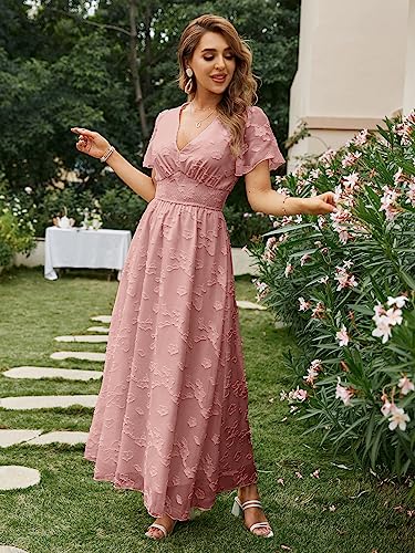 Image of Simplee Women's Boho Floral Maxi Dress Flowy Casual V Neck Short Sleeve Wedding Guest Holiday Beach Long Dress