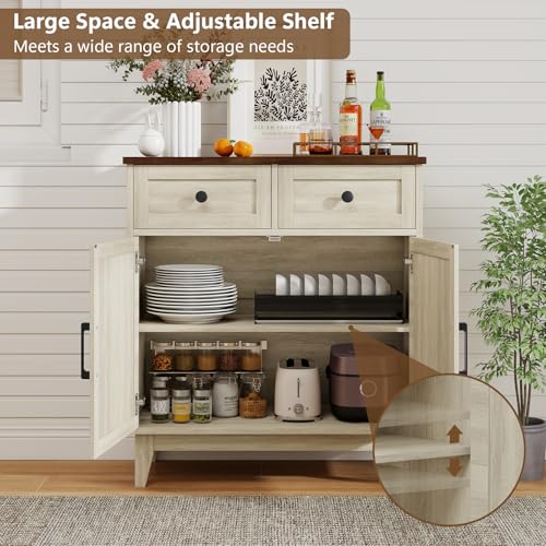 Farmhouse-Storage-Cabinet-with-Barn-Doors-and-Drawers-Freestanding-Kitchen-Pantry-Cabinet-Floor-Cabinet-Buffet-Sideboard-for-Bathroom-Entrance-Area-Living-Room-Walnut-White Farmhouse Storage Cabinet with Barn Doors and Drawers Freestanding Kitchen Pantry Cabinet Floor Cabinet Buffet Sideboard for Bathroom Entrance Area Living Room Walnut White