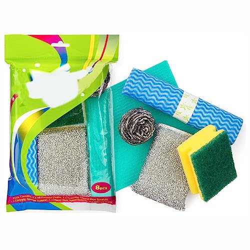 Kitchen Sponge Scouring Pads Multipurpose Kitchen Cleaning Kit Sponge Scourer Ball Heavy Duty Cleaning Cloth Perfect for Plates Pans Pots Dishes Bowls Home Restaurants Cleaning Accessory (Pack of 8)