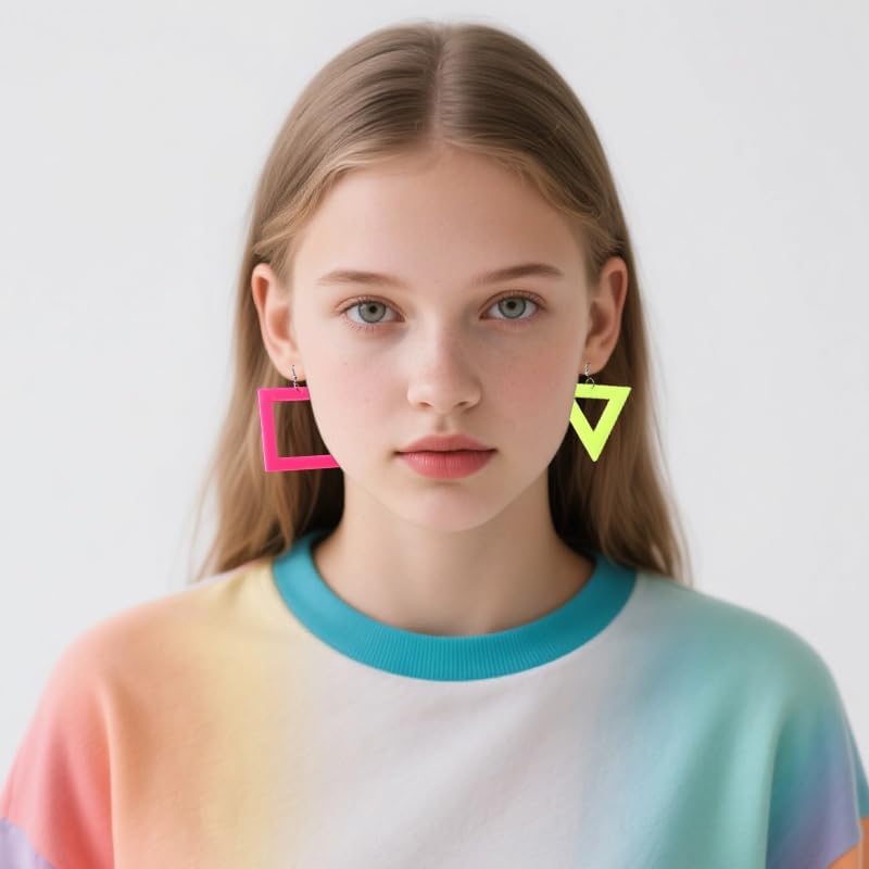 Miniatura 5 de Aretes de neón de los años 80 y 90 para mujer, color amarillo, rosa, triangular, cuadrados, huecos, aretes colgantes acrílicos coloridos para los