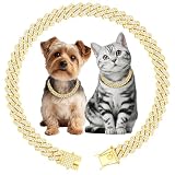 Luxury Cuban Link Dog Collar Gold Dog Chain Necklace with Diamond Rhinestones - 0.59 Inch Width Metal Pet Collar Jewelry for Small Medium Large Dogs & Cats (10 inch)