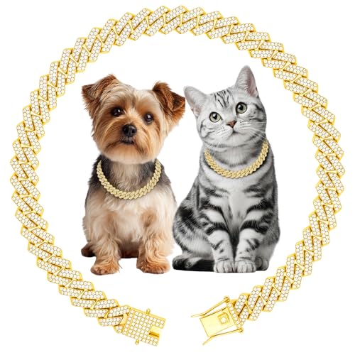Luxury Cuban Link Dog Collar Gold Dog Chain Necklace with Diamond Rhinestones - 0.59 Inch Width Metal Pet Collar Jewelry for Small Medium Large Dogs & Cats (10 inch)