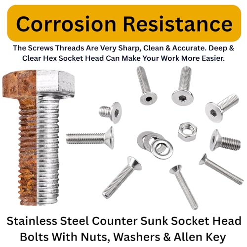 Image of Epi-Torque Stainless Steel 202 Grade Flat Head Internal Hex M5 Counter Sunk Full Thread Nuts & Bolts Assortment with Matching Hex Nuts, Flat Washer & Allen Keys Pack of 405 Pcs