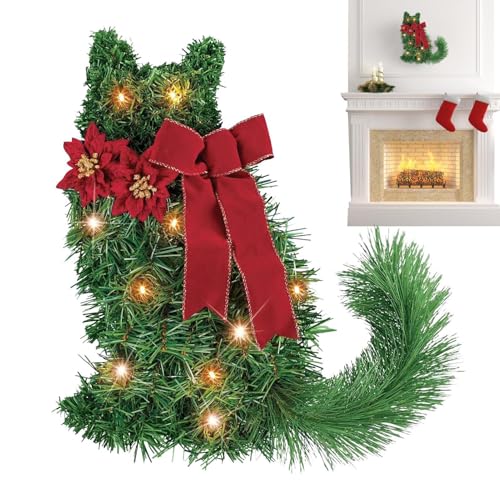 Corona de árbol de Navidad – Corona de Navidad para Gato, Corona Artificial iluminada para Puerta – de Navidad Verdes Grandes Hechos a Mano Guirnalda decoración para chimeneas y Puerta