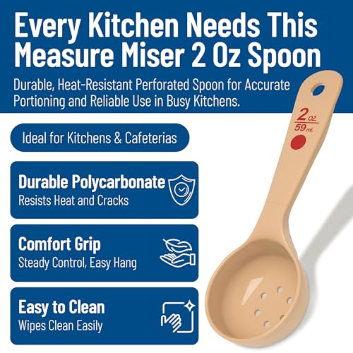 Image of Carlisle FoodService Products 2 Oz Perforated Portion Control Spoon - Short Handle Measuring Spoon - Beige Polymer Foodservice Spoon for Commercial Kitchens, (Pack of 12)