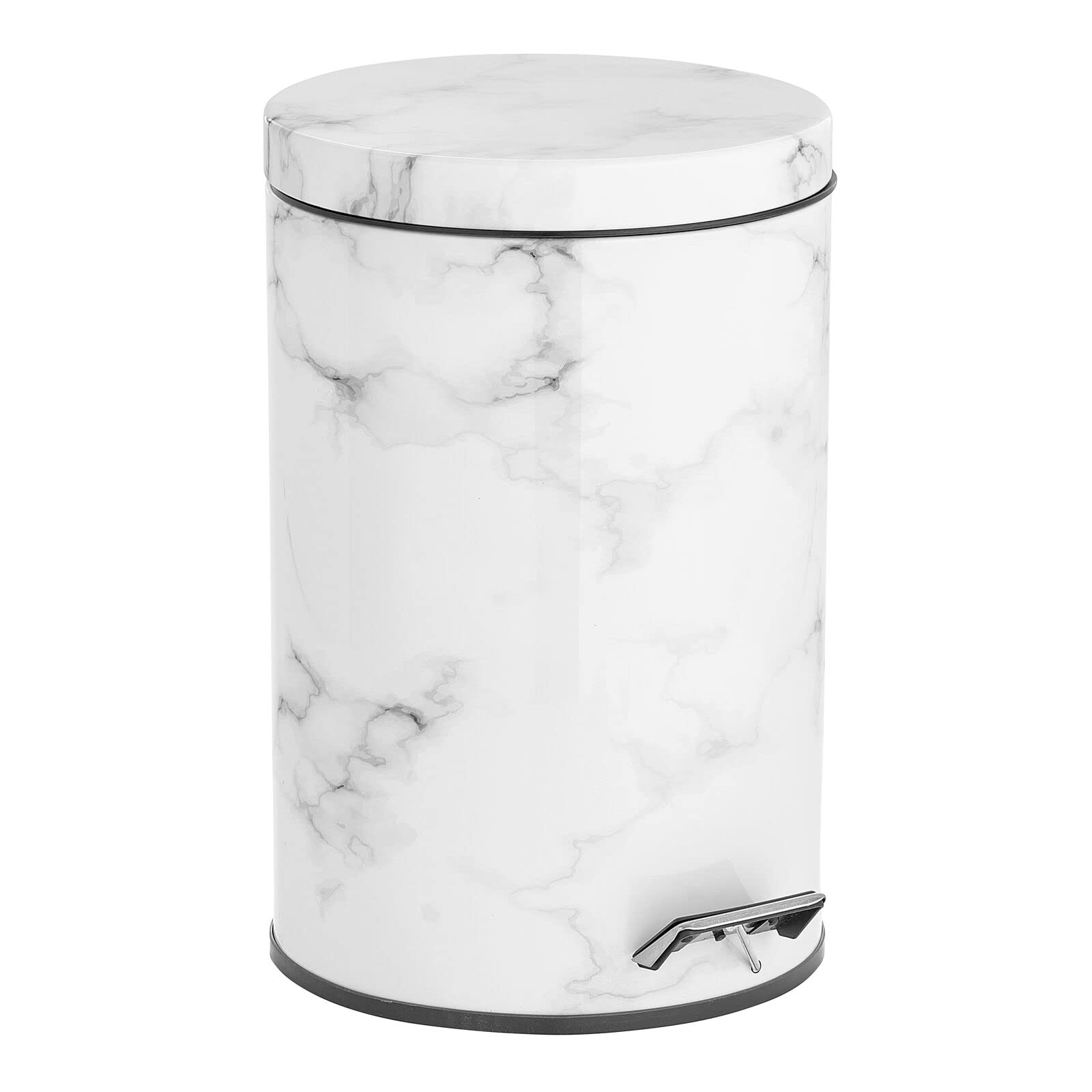 mDesign Metal/Steel 3.2 Gallon/12 Liter Round Step Trash Can with Lid, Foot Pedal Waste Basket, Garbage Bin - Removable Liner Bucket; for Bathroom, Office; Holds Trash, Recycling - White Marble Print
