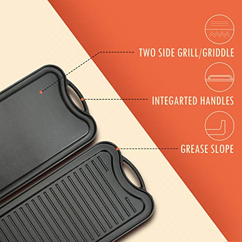 COOKWIN Cast Iron Griddle Grill Pan, 20\"x10\" Pre-Seasoned Cast Iron Griddle for Stovetop with Accessories Includes Cast Iron Grill Press (5\"x 9\"), Grill Pan Scraper and Chainmail Cleaner - Thumbnail 3