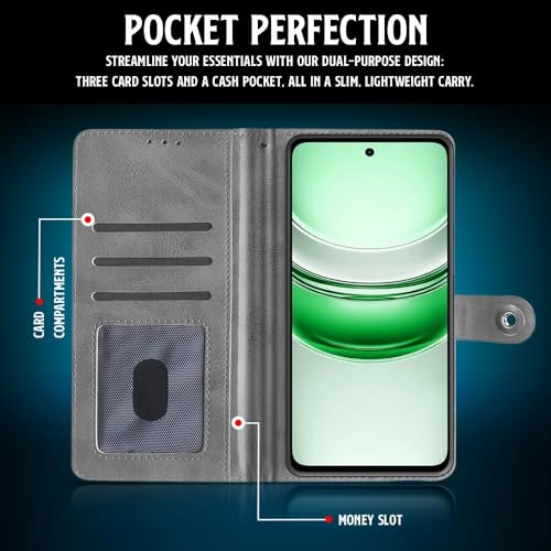 Image of WOW IMAGINE Shock Proof Flip Cover Back Case for Realme C75 | Realme C73 | Narzo 80 lite 5G | P3 Lite 5G (Magnetic Button Flip Case | Wallet Pockets & Stand | Leather Finish | (Stone Grey)