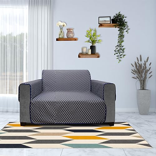 Image of DREAM KING 3 Layers 300 GSM Waterproof Reversible Sofa Cover 2 Seater with Pockets | Dust Protective Soft Fabric Sofa Seat Cover Navy Blue & Grey