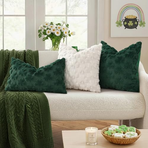 Image of decorUhome St. Patrick's Day Shamrock Green Pillow Covers 20x20 Inch Set of 2, Soft Plush Faux Wool Throw Pillow Covers, Farmhouse Spring Holiday Decor for Sofa Living Room