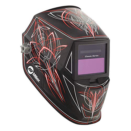 Image of MILLER Welding Helmet, Auto-Darkening, Nylon, Ratchet Headgear, Black/Red/White Graphics