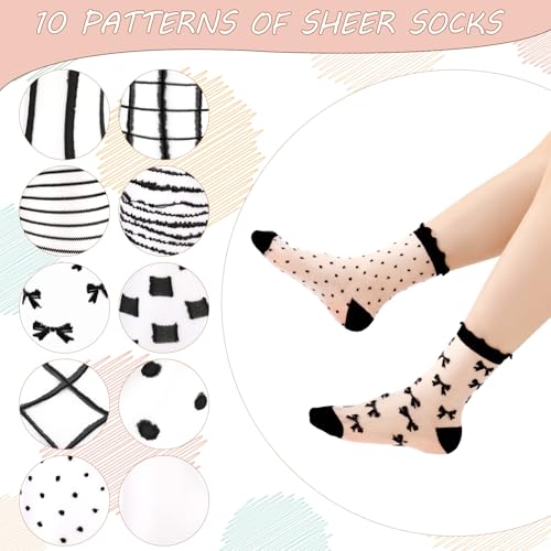 Image of Jspupifip Sheer See Through Socks for Women - Striped Plaid Mesh | Polka Dot & Bow Design Transparent Soft Breathable Fashion Stockings, Lightweight Lace Socks