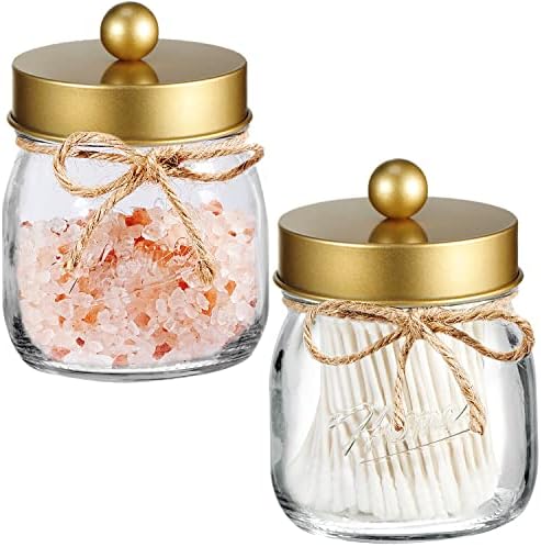 SheeChung Mason Jar Bathroom Apothecary Jars - Qtip Holder Canister Gold Bathroom Accessories Vanity Storage Organizer Glass for Qtips,Cotton Swabs,Ball,flossers,Hair Bands/Gold (2 Pack)