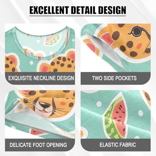 ALAZA Watermelon Leopard Tiger Pajamas Set Short Sleeve Cotton Sleepwear Summer Pjs 2 Piece 5-14Y4