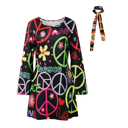 EQWIGKEIT Disfraces de faschingskostüme damen, Hippie Kostüm Damen Set, Retro 2 Stück Hippie Kleid mit Stirnband, Outfit Damen Festliche Faschingskostüme Damen Grosse Grössen Karneval Kostüm