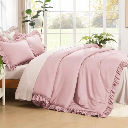 Image of Litanika Grayish Pink Queen Comforter Set, 3 Pieces Ruffle Farmhouse Aesthetic Bedding Comforter Set, All Season Soft Lightweight Fluffy Microfiber Bed Set(90x90In Comforter, 2 Pillowcases)