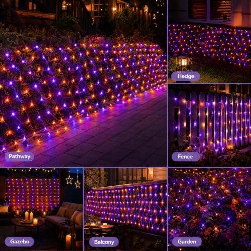 Image of Dazzle Bright Halloween 360 LED Net Lights, 12FT x 5FT Connectable Waterproof String Lights Clear Wire with 8 Modes, Halloween Decorations for Indoor Outdoor Party Yard Garden Decor, Purple & Orange