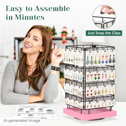 Image of EsLuker.ly Rotating Earring Display Holder Stand for Vendors Events Selling, Large Capacity 64 Hooks Jewelry Rack with Wooden Base for Earring Card Sales, Enhances Retail Display Visibility(Pink)