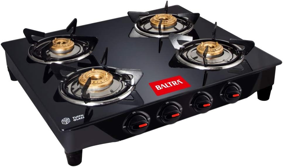 Baltra Glimmer Glass Top Gas Stove 4 Brass Burner Manual Ignition, Black (ISI Certified 2 year warranty with Doorstep Service)