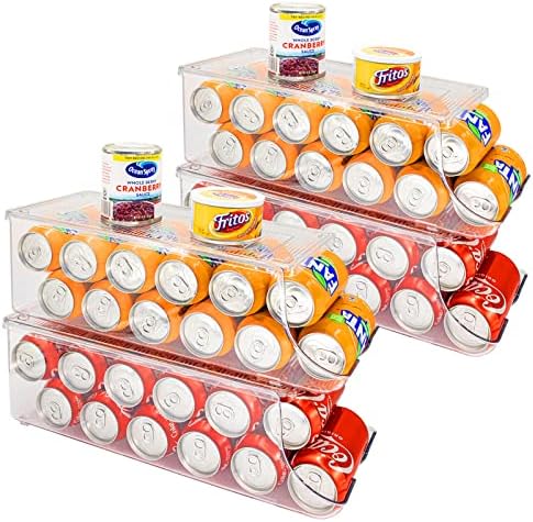 SCAVATA 4 Pack Soda Can Organizer for Refrigerator, Stackable Canned Food Pop Cans Container Can Holder Dispenser with Lid for Fridge Pantry Rack Freezer, Clear Plastic Storage Bins-Holds 12 Cans Each