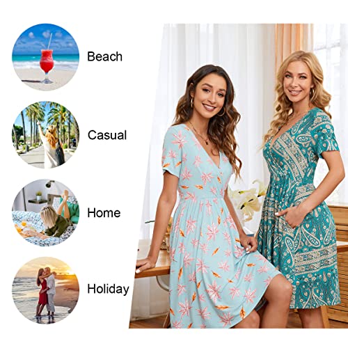 Cathy Womens Summer Casual Sundress Short Sleeve V Neck Dresses Wrap Dress With Pockets Blue Flower Large #TOP4