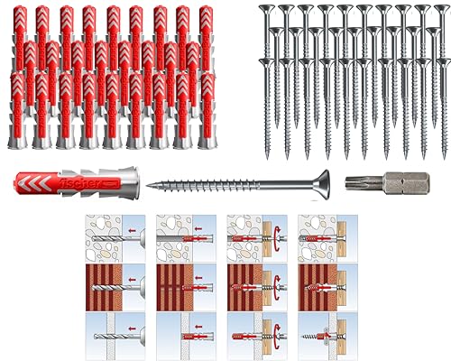 Fischer DUOPOWER DÜBEL mit SCHRAUBEN und BIT Universaldübel leistungsstarker 2K-Dübel zur Befestigung in Beton Ziegeln Stein Gipsbauplatten (5x25mm + 4x35mm Schrauben 50 Stück)