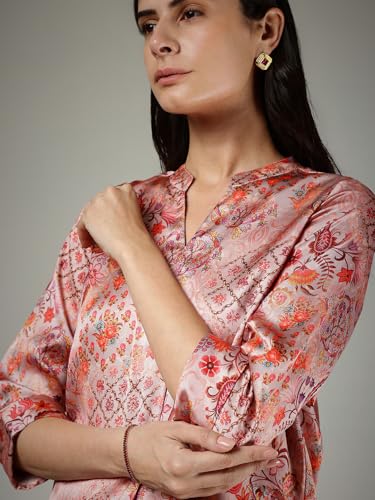 Image of FableStreet Women Shirt Work & Casual | Relaxed Fit Mandarin V-Neck Three-Quarter Sleeves Solid Pattern | Breathable Woven Fabric for Office & Everyday Wear