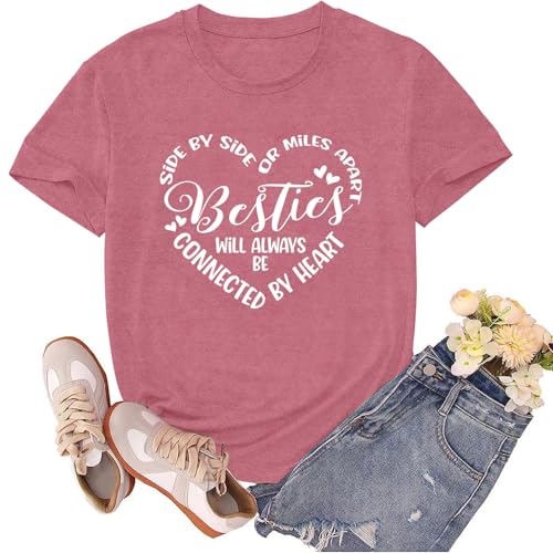 sallrue Best Friend Shirts for Women Besties Heart Tshirts Besties Connected by Heart Tee Tops Pink