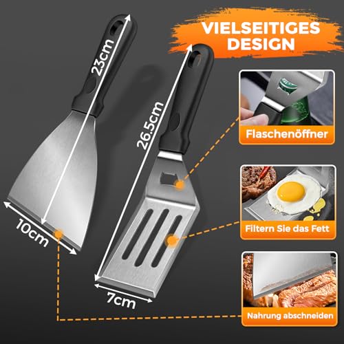 Grillplatte Plancha Geschenke für Männer Frauen, mit 2 Grillspachtel Set, 4mm Dickem Edelstahl BBQ mit Abnehmbar Griffen, für Gasgrill und Holzkohlegrill 40 x 30 x 4 cm, 4