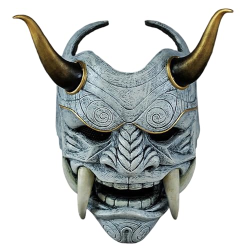 Oni Mask, Scary Full Full Samurai Mask con colmillos y buey de buey, 11x9.5 Horror Devil con banda elástica para Halloween, Masquerade, accesorios de cosplay, accesorios de disfraces