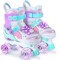 BELEEV Kids Roller Quad Skate for Girls, 4-Size Adjustable Roller Boots with 8 Light-Up LED Wheels & Shoe Lace, Safe & Fun for Toddlers Children Beginners, Ideal Birthday (Light Purple-S)