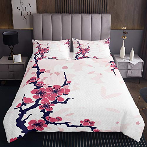 Colcha Acolchada de Flores de Cerezo, Estilo japonés, con temática romántica, Rosa, Conjunto de Colcha botánica, Estampado Floral, Acolchada, para niñas, niños, Adultos, decoración de habitación, ram